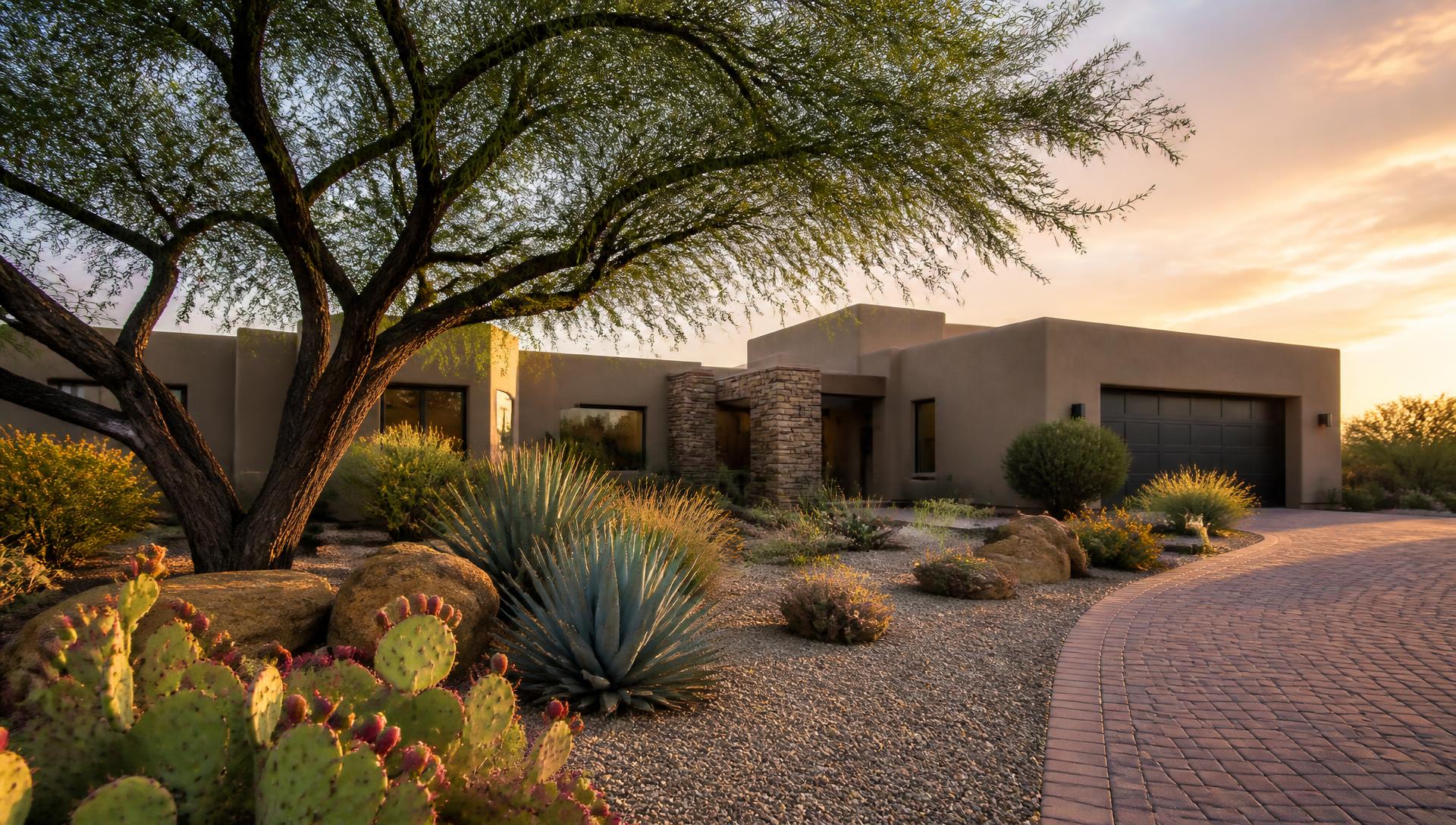 Manicured Tucson desert landscaping with agaves, crushed granite, and a paver pathway