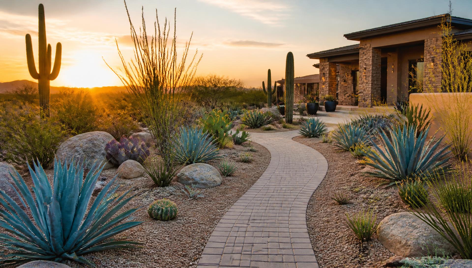 Manicured Tucson desert landscaping with agaves, crushed granite, and a paver pathway
